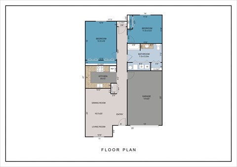 Floor plan for 2 beds, 1 bath, 1275 sqft